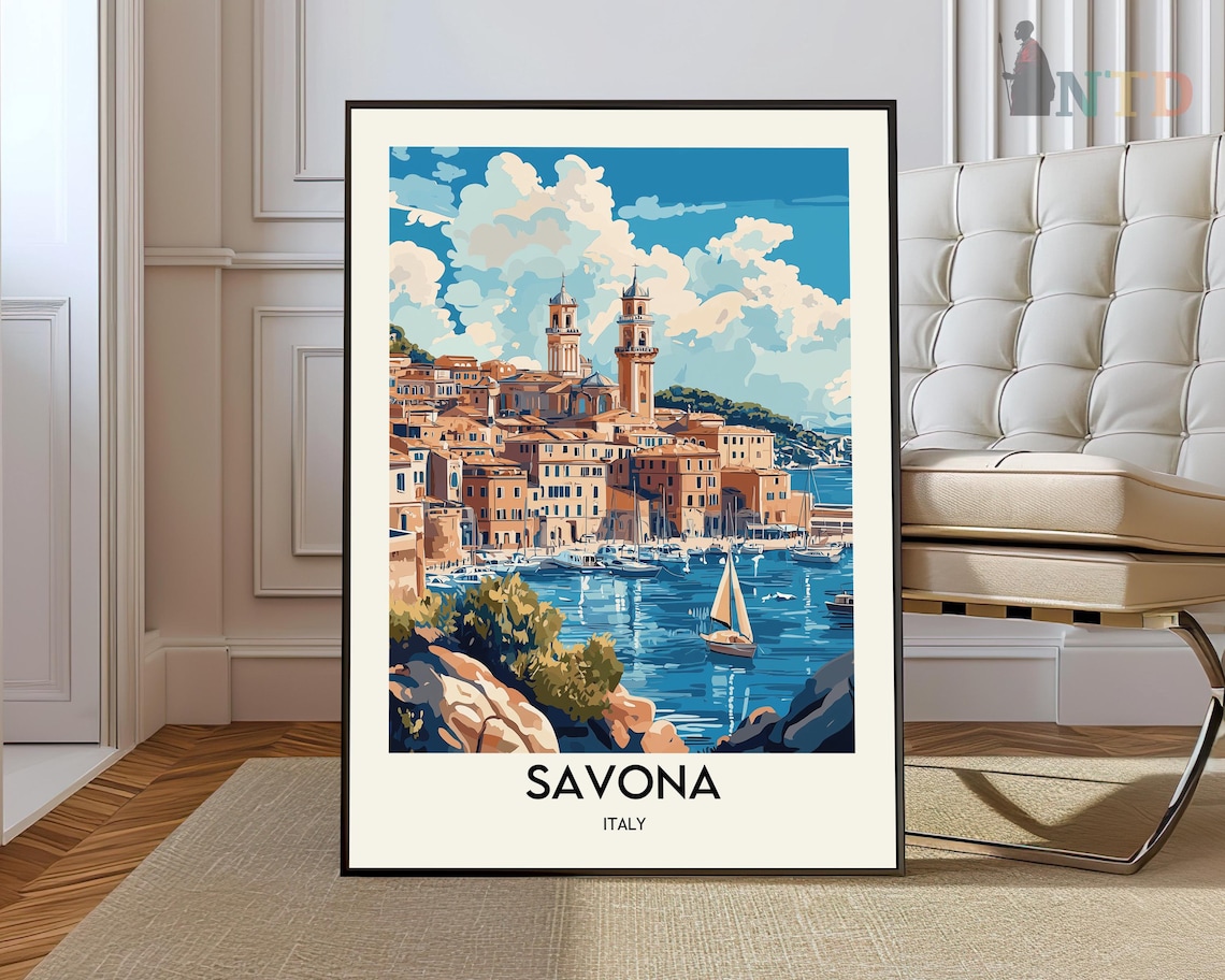 Savona Italy Liguria Marina Sailboats Coastal Vintage Travel Poster