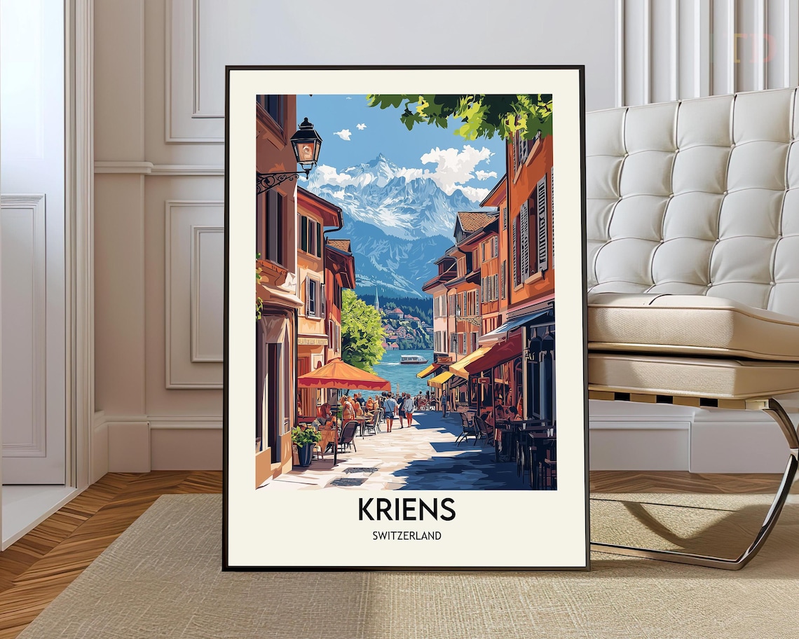 Kriens Switzerland Town Street Travel Poster With Mountain Lake View