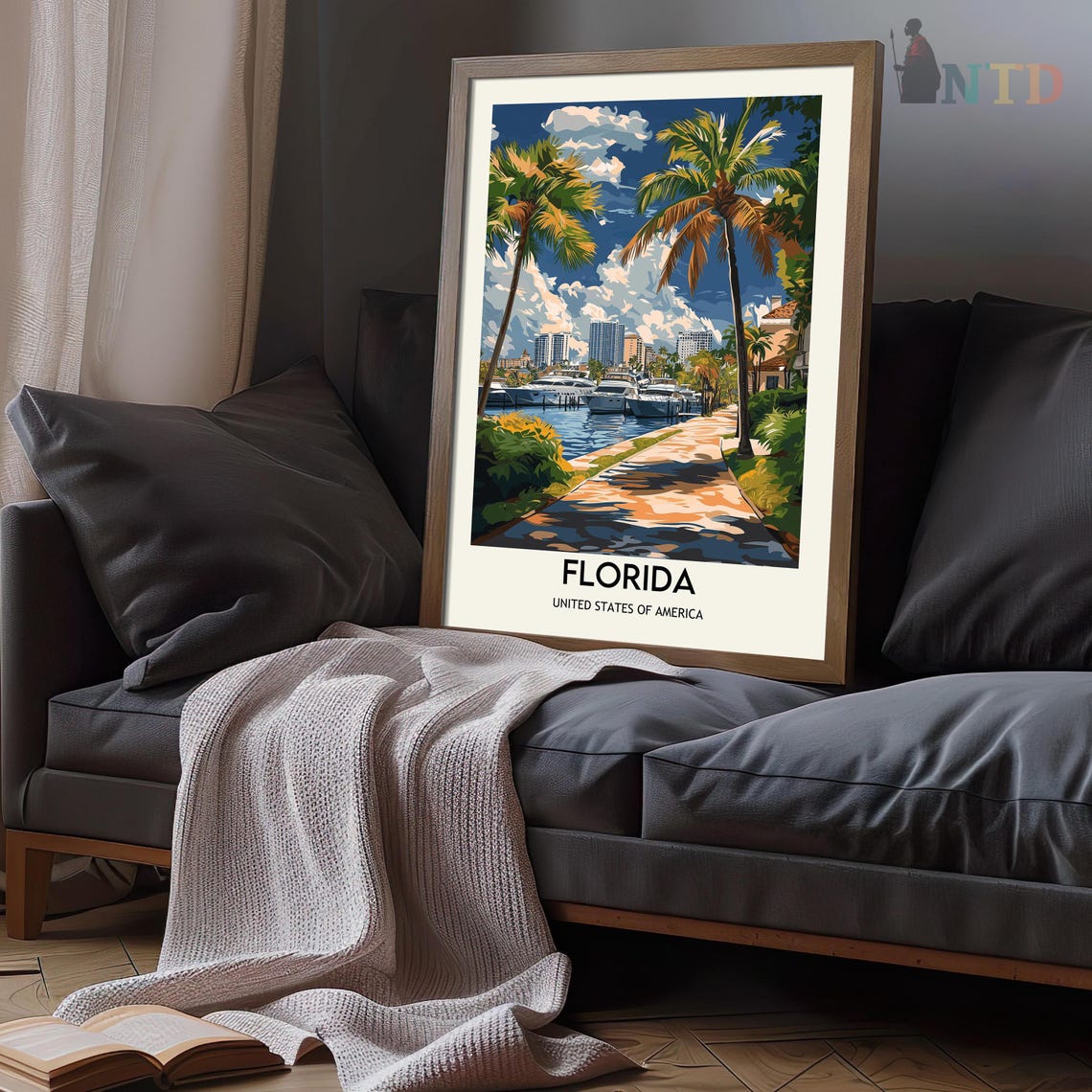 Florida Sunset Marina With Palm Trees And Docked Yachts Poster - Image 3