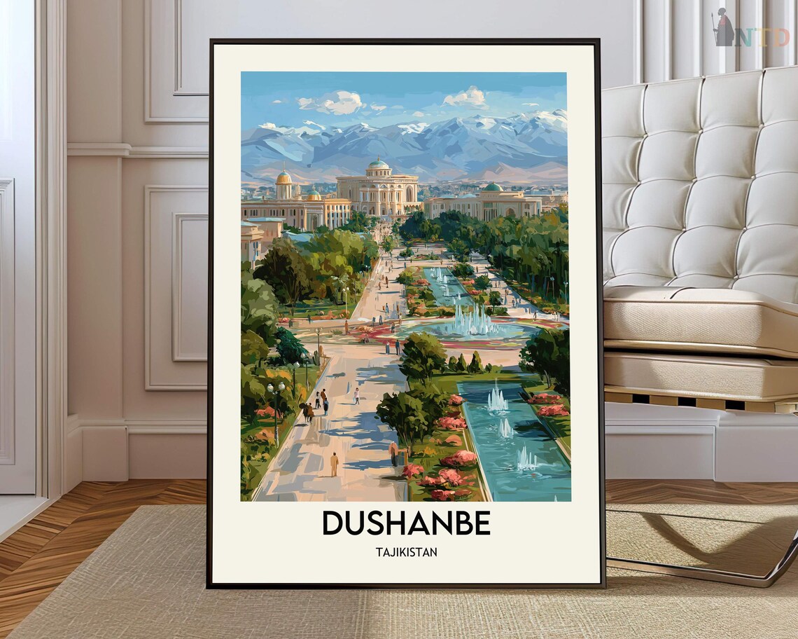 Majestic Grand Boulevard Fountains of Dushanbe Tajikistan Travel Poster