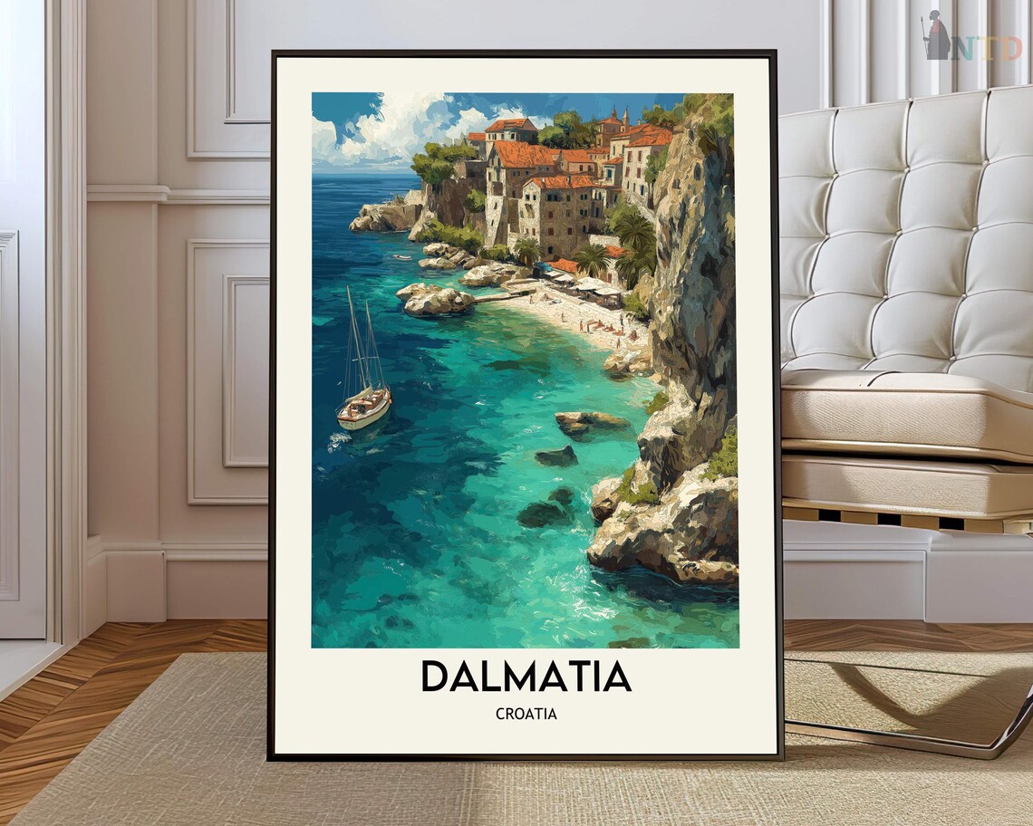 Turquoise Adriatic Cove and Old Town of Dalmatia Croatia Travel Poster