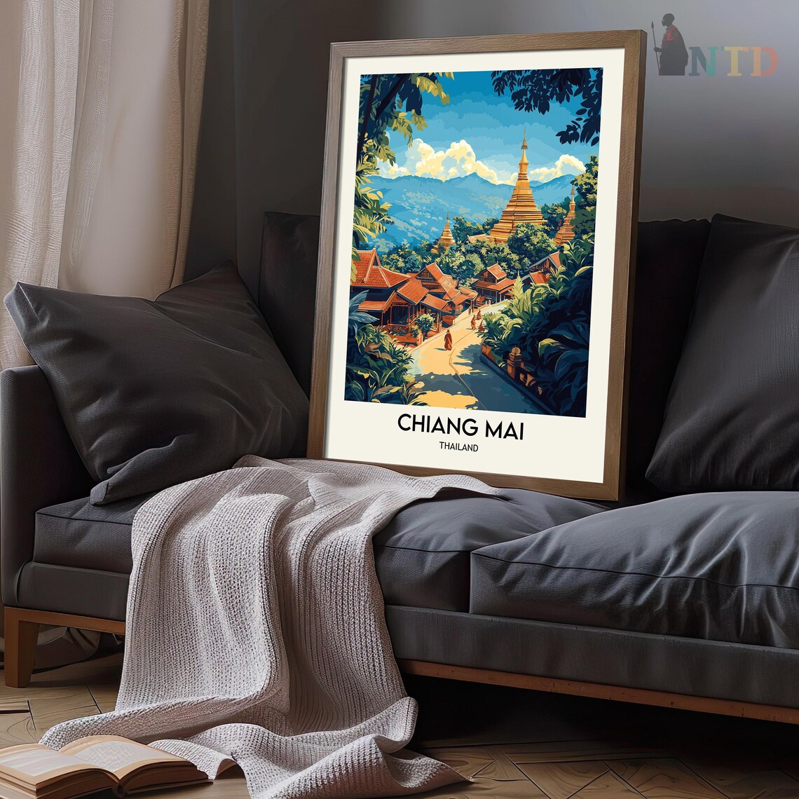 Chiang Mai Golden Temples Mountain Town Vintage Travel Poster - Image 3