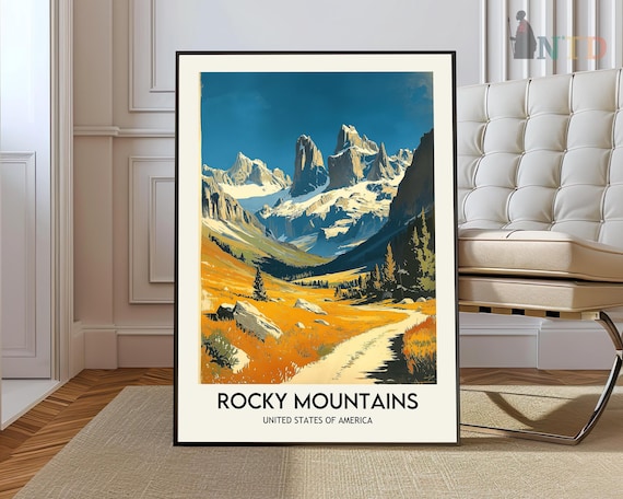 Rocky Mountains Golden Meadow Jagged Peaks Sunny Alpine Travel Poster