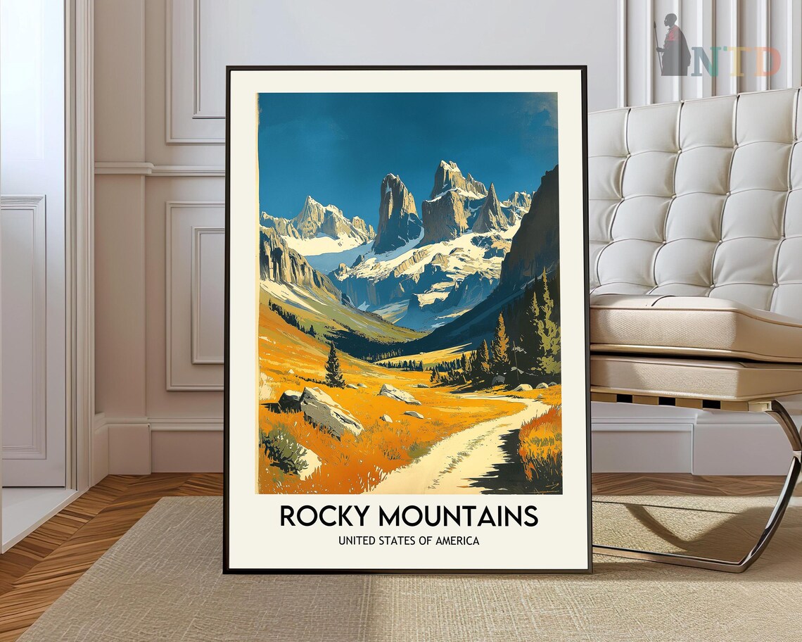 Rocky Mountains Golden Meadow Jagged Peaks Sunny Alpine Travel Poster
