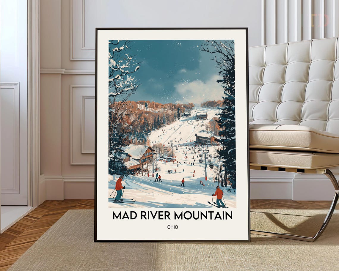 Mad River Mountain Ohio Vintage Ski Poster Slopes Gondola Art