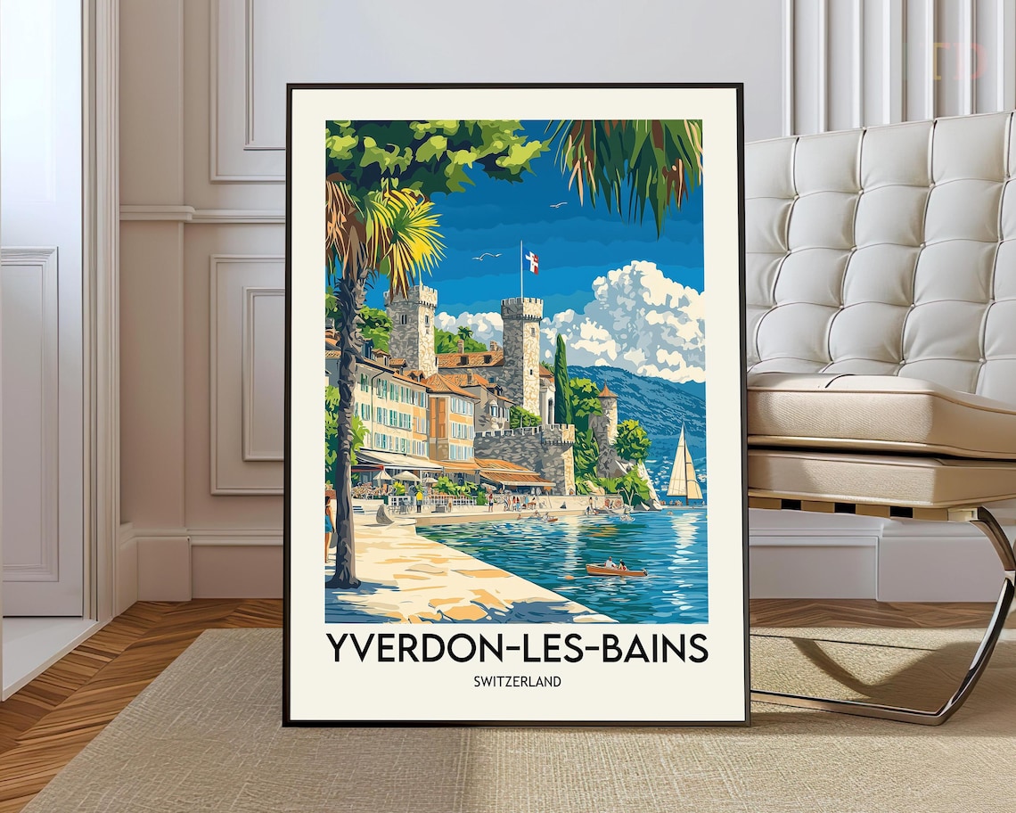Yverdon-les-Bains Switzerland Castle Towers Lake Travel Poster