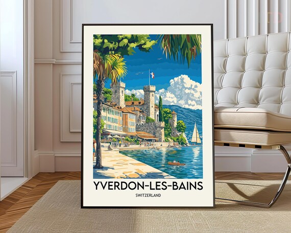 Yverdon-les-Bains Switzerland Castle Towers Lake Travel Poster
