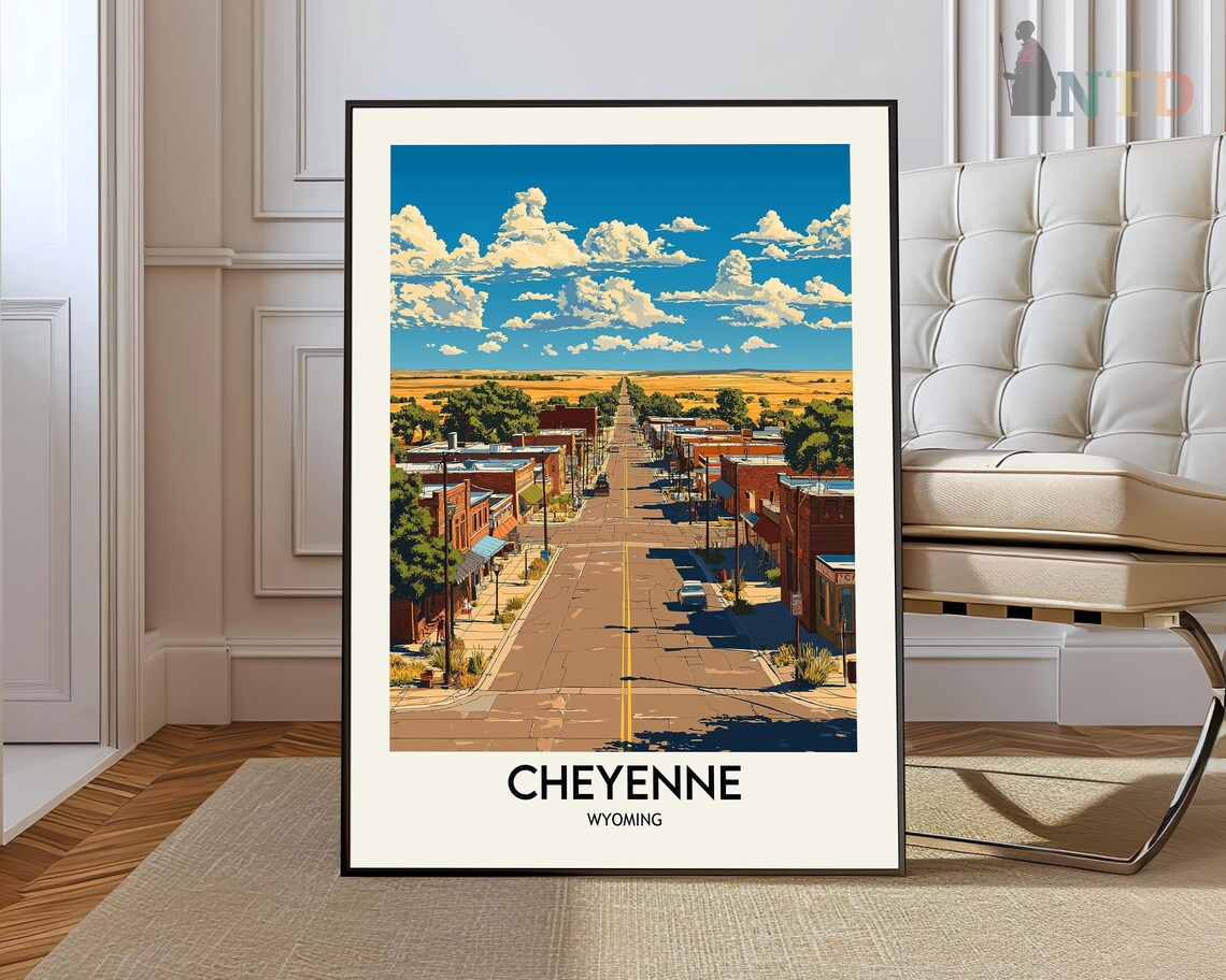 Cheyenne Wyoming Travel Poster Historic Main Street and Prairie Art