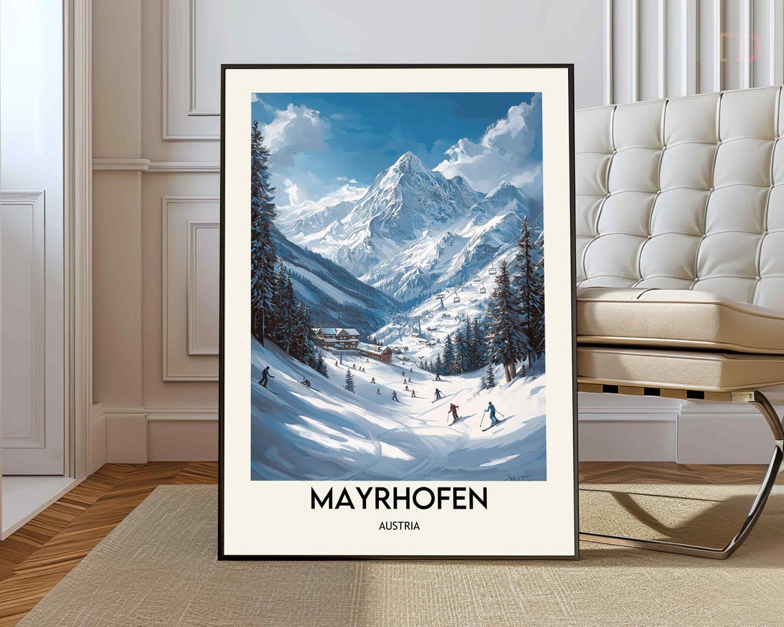 Mayrhofen Austria Alpine Ski Slopes Blue Sky Vintage Travel Poster