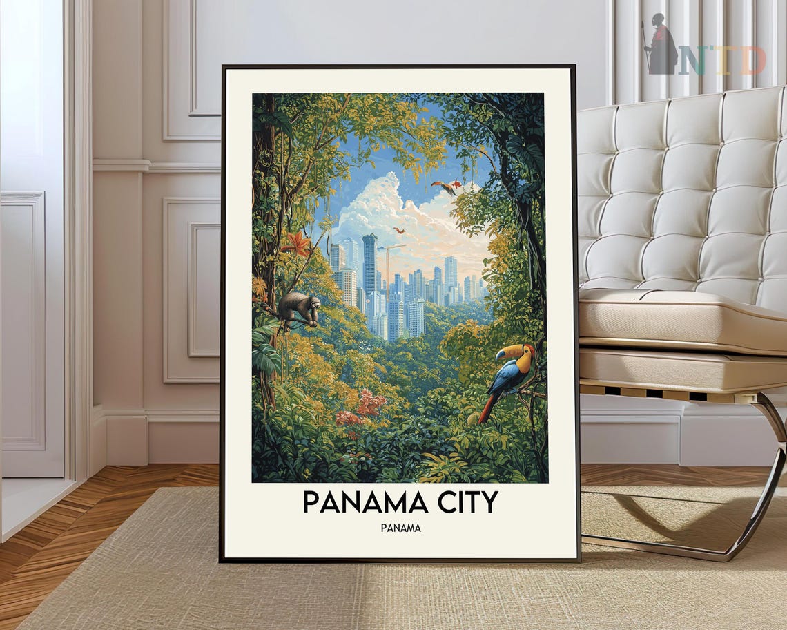 Panama City Skyline Through Jungle Sloth Toucan Tropical Travel Poster