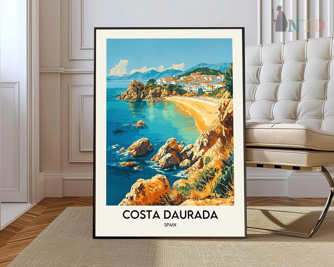 Costa Daurada Spain Turquoise Cove Beach Retro Travel Art Poster