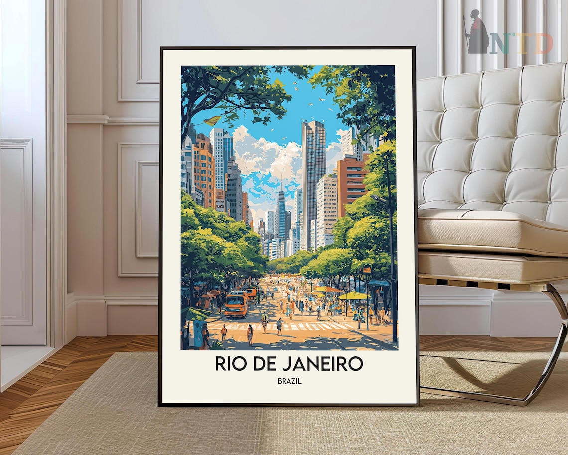 Rio de Janeiro Brazil City Street Skyscrapers Vintage Travel Poster