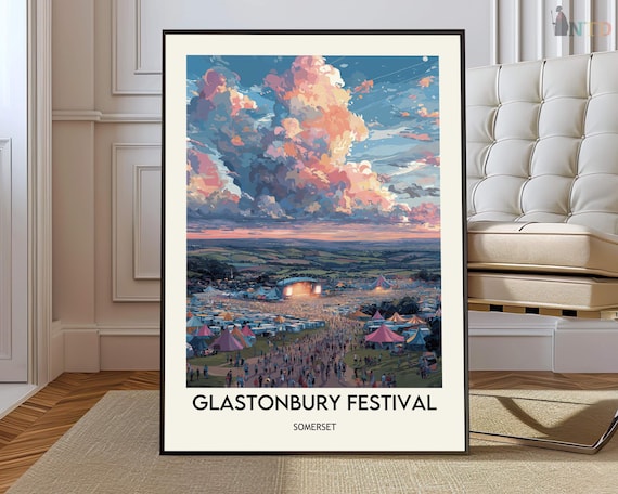 Glastonbury Festival Somerset Sunset Crowds Stage Travel Poster
