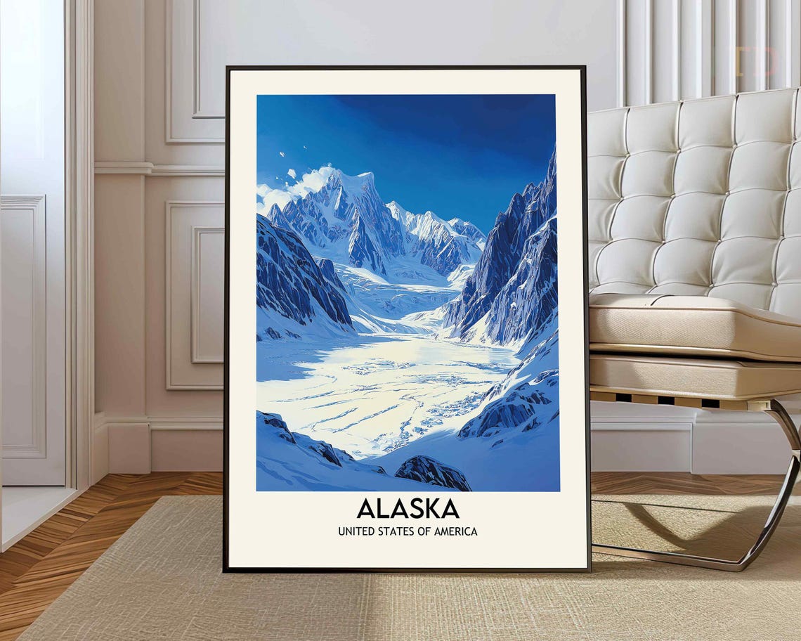 Alaska Glacier Valley Snowy Peaks Blue Ice Vintage Travel Poster
