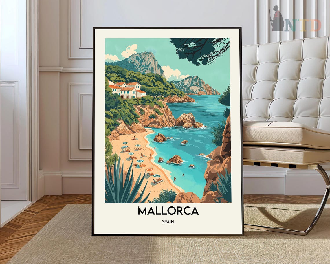 Mallorca Spain Cliffside Beach Cove Umbrellas Turquoise Sea Poster