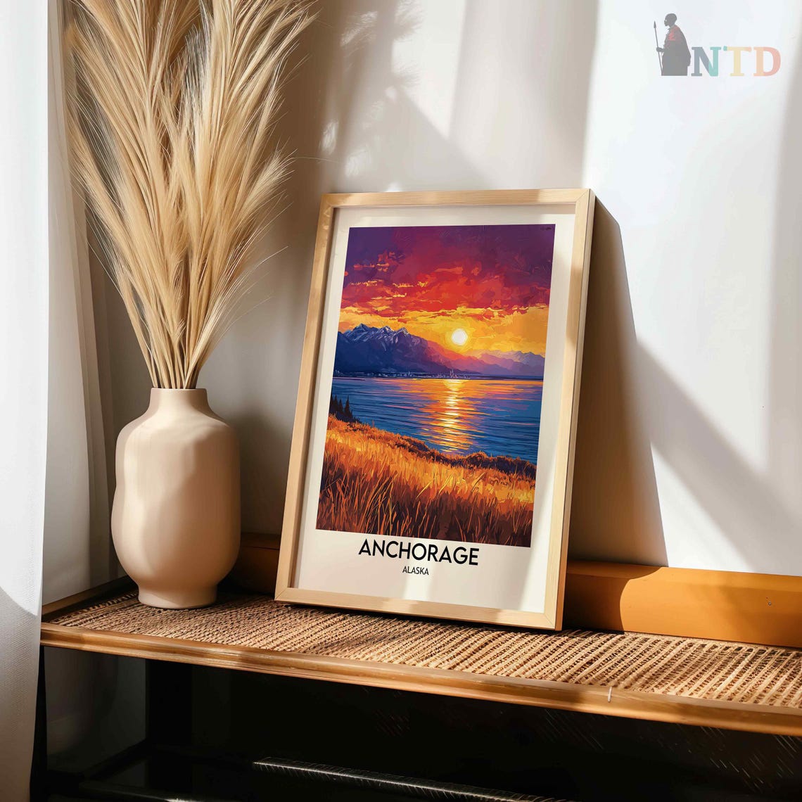 Anchorage Alaska Fiery Sunset Waterfront Mountains Grass Poster - Image 2