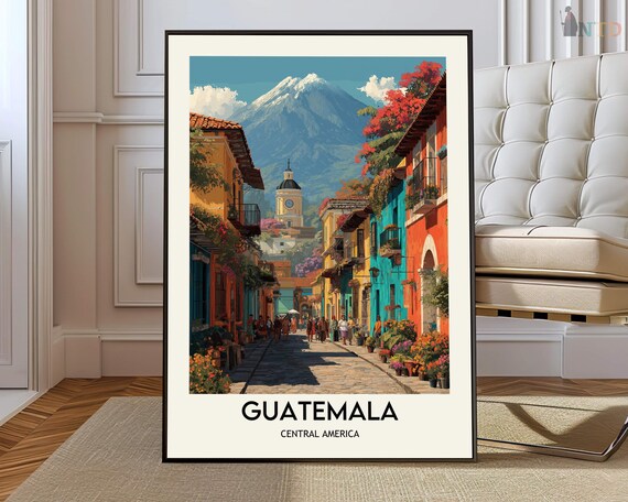 Guatemala Cobblestone Street Flowers Volcano View Travel Poster