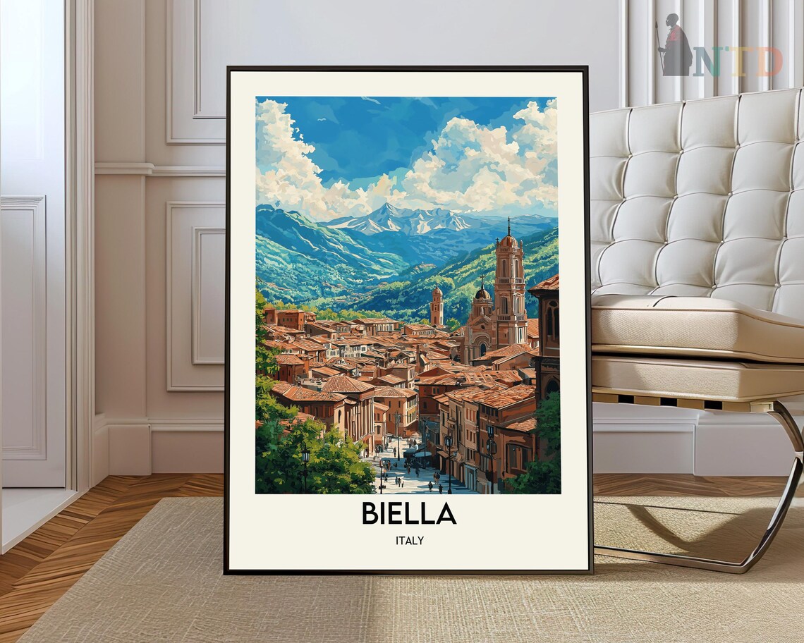 Biella Italy Panoramic Old Town Twin Towers Alps Travel Poster