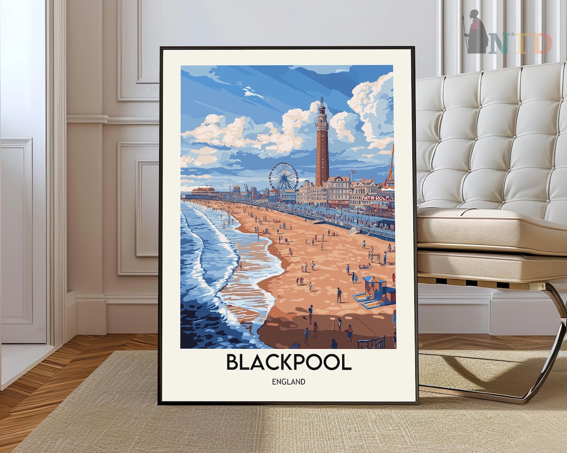 Blackpool England Beach Poster Tower Ferris Wheel Vintage Travel Art