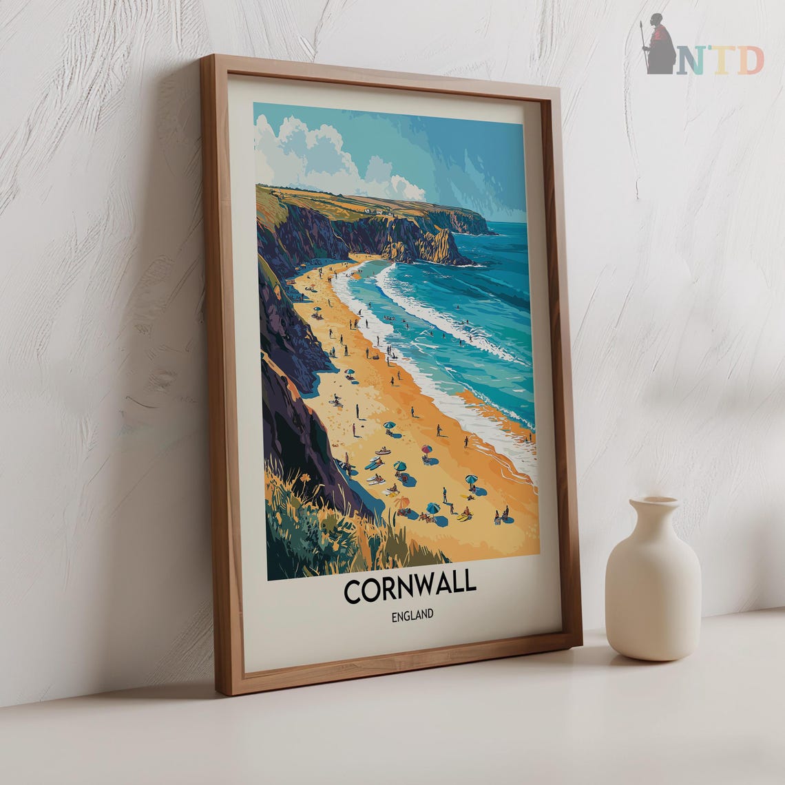 Cornwall Clifftop Beach with Umbrellas and Surfers at Midday Poster - Image 2