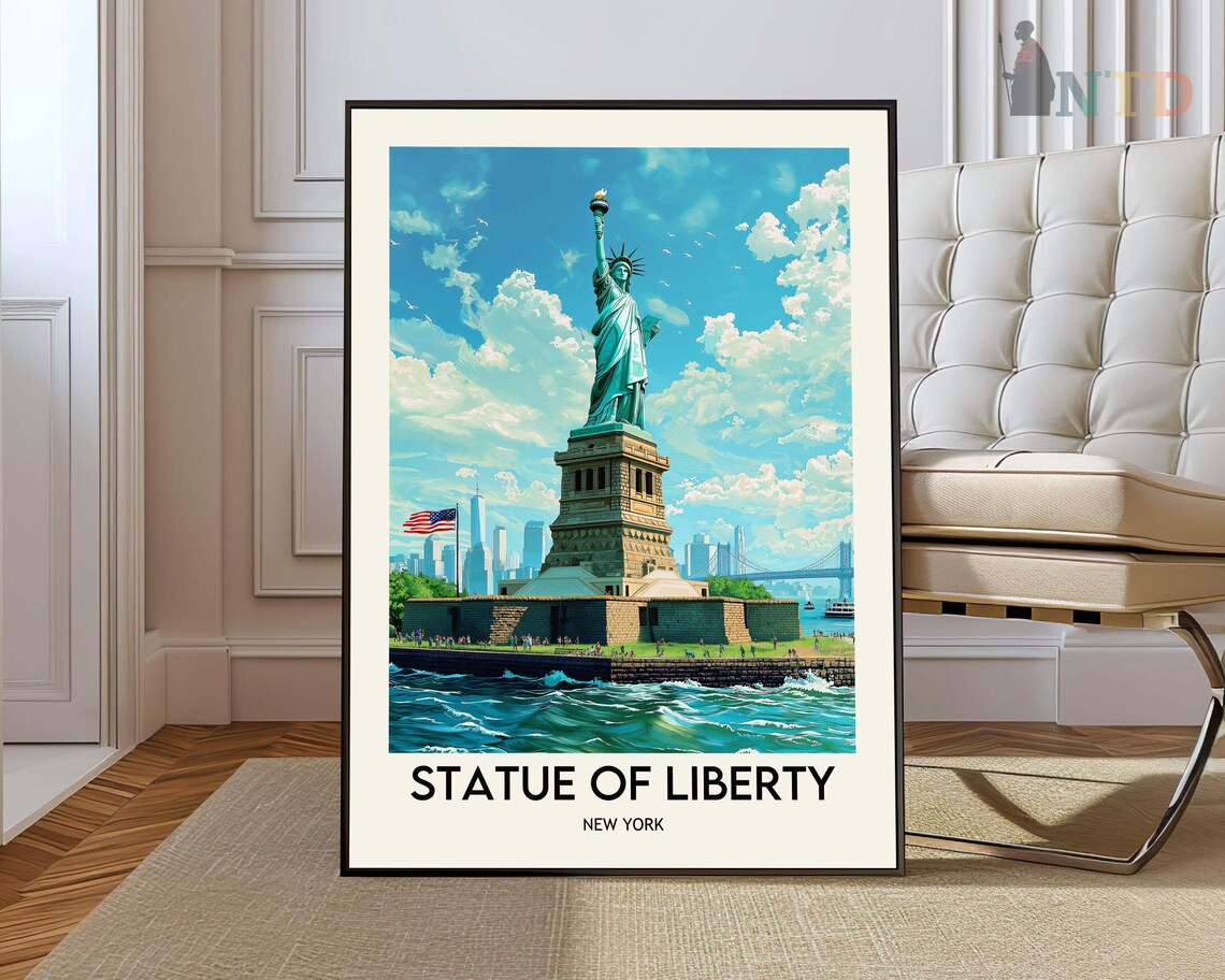 Statue Of Liberty New York Harbor Blue Sky Travel Art Poster