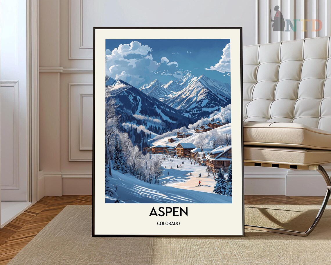 Snowy Village and Ski Slopes Aspen Colorado Winter Travel Poster