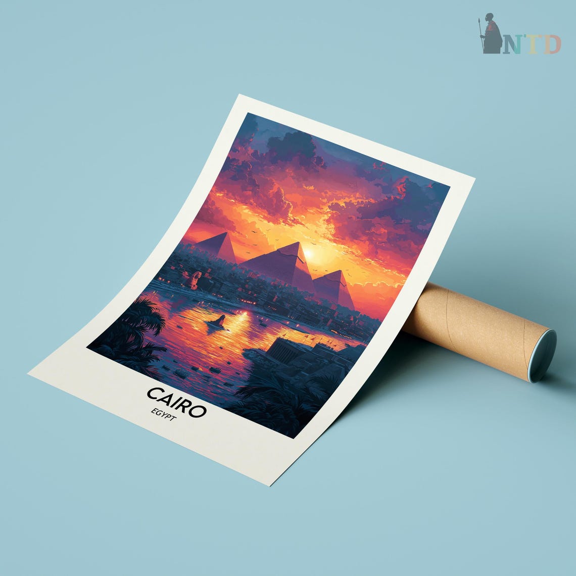 Cairo Pyramids at Sunset Over the Nile with a Felucca Sailing Poster - Image 3