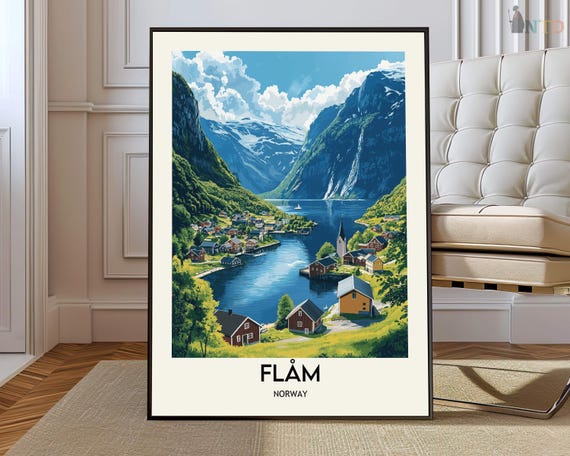 Flam Travel Poster, Aurlandsfjord Norway Map
