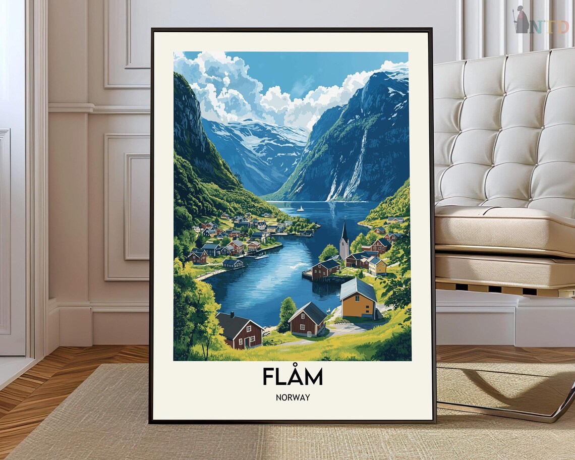 Flam Travel Poster, Aurlandsfjord Norway Map
