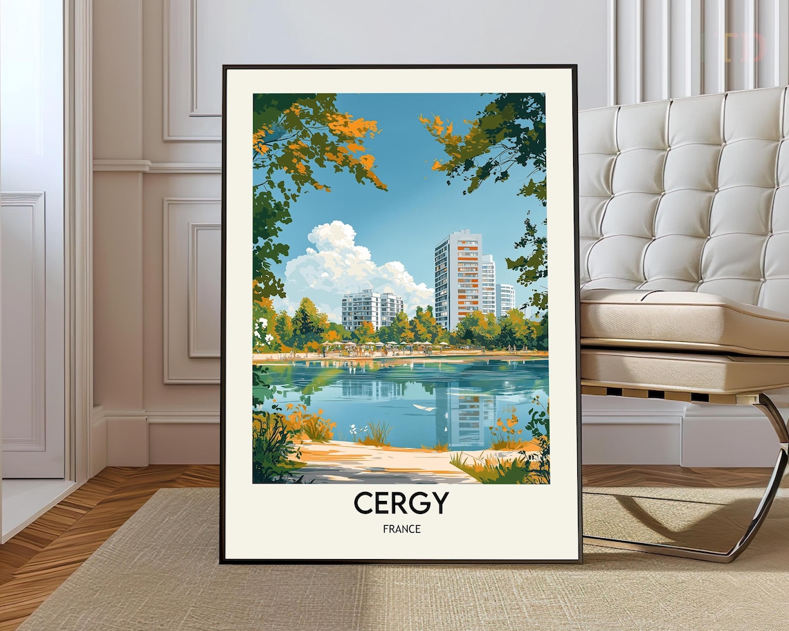 Cergy France Lakeside Towers Sunny Beach Retro Travel Poster