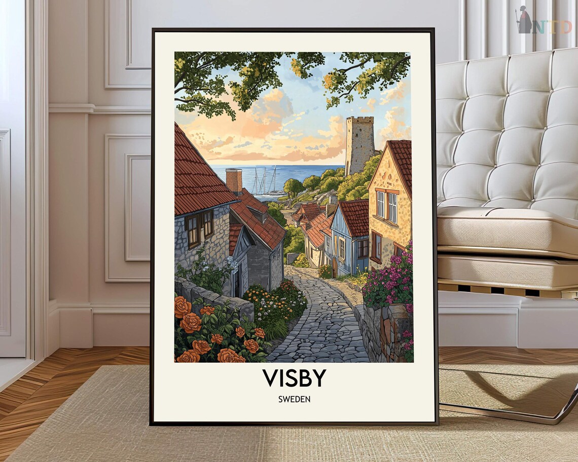 Visby Sweden Seaside Sunset Street Old Town Harbor Travel Poster