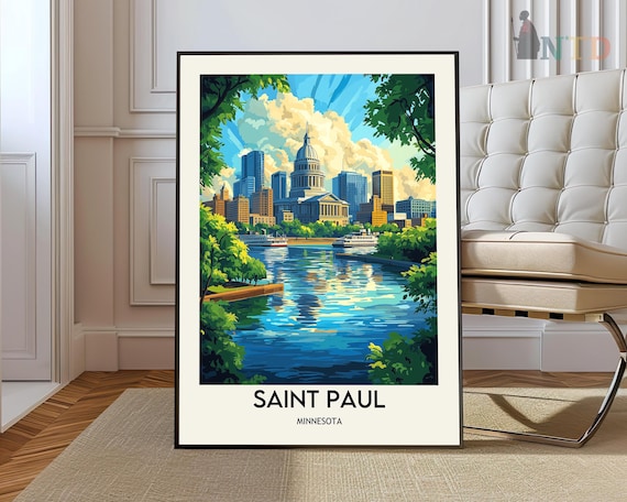 Saint Paul Minnesota Capitol Skyline River Vintage Travel Poster