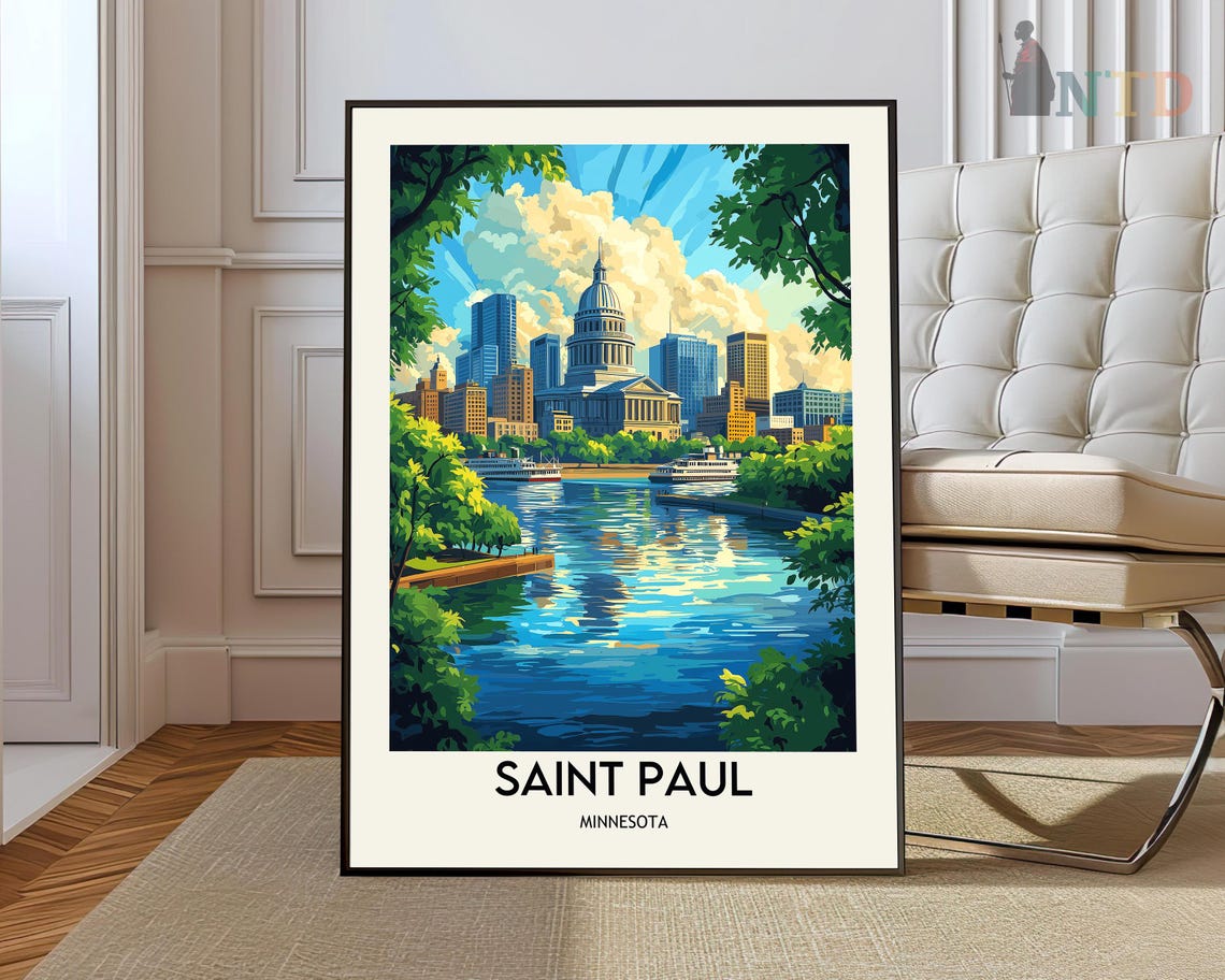 Saint Paul Minnesota Capitol Skyline River Vintage Travel Poster