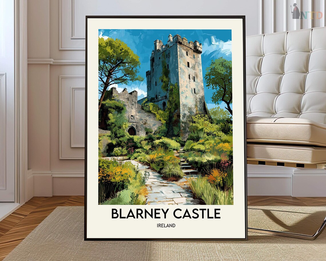 Blarney Castle Ireland Vintage Stone Tower Garden Travel Poster