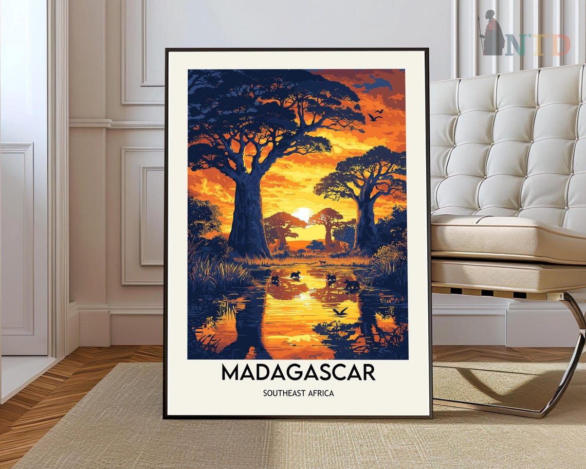 Madagascar Baobab Trees Sunset Reflection Travel Poster Africa Art