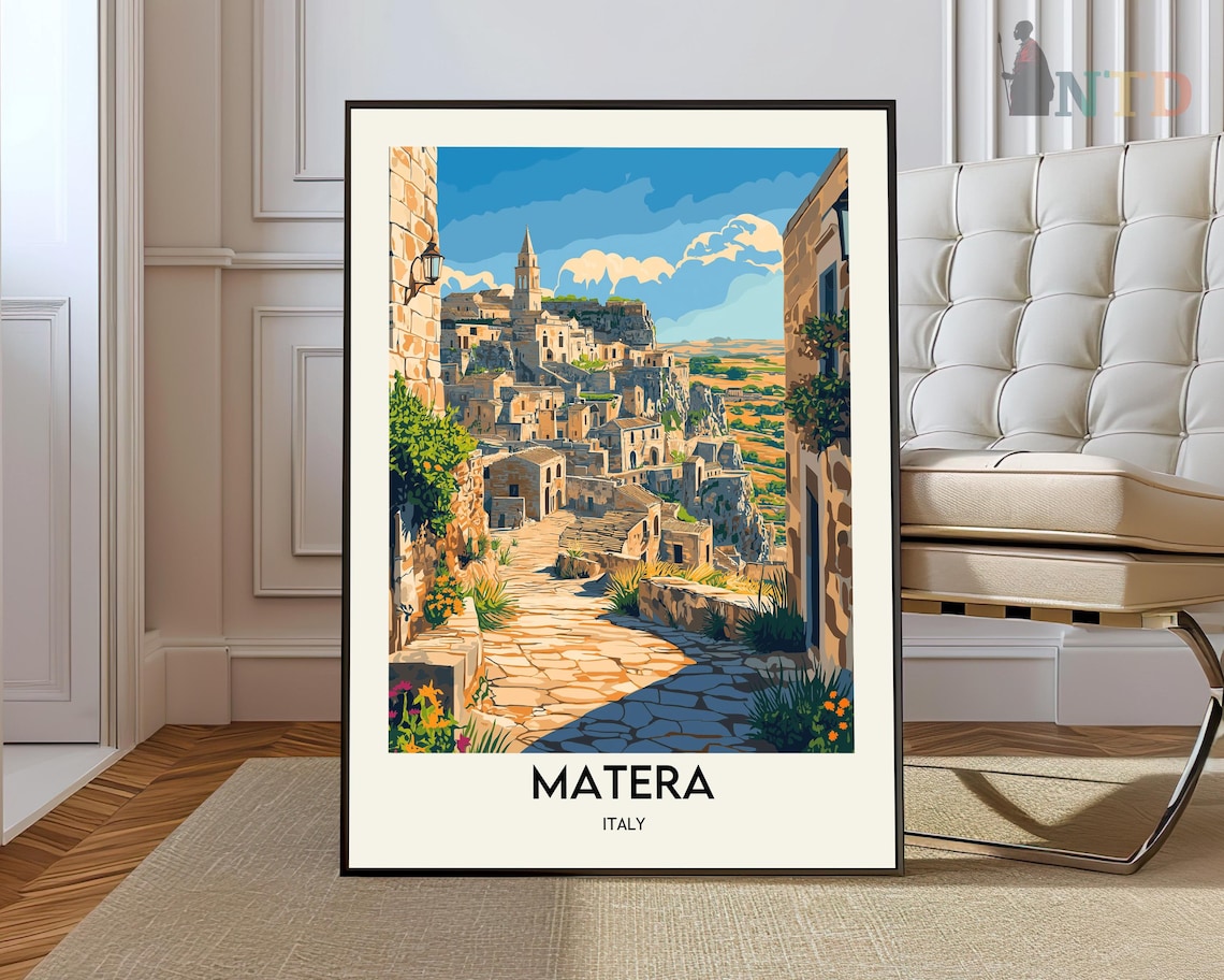 Matera Italy Vintage Travel Poster Ancient Stone Alley Sassi