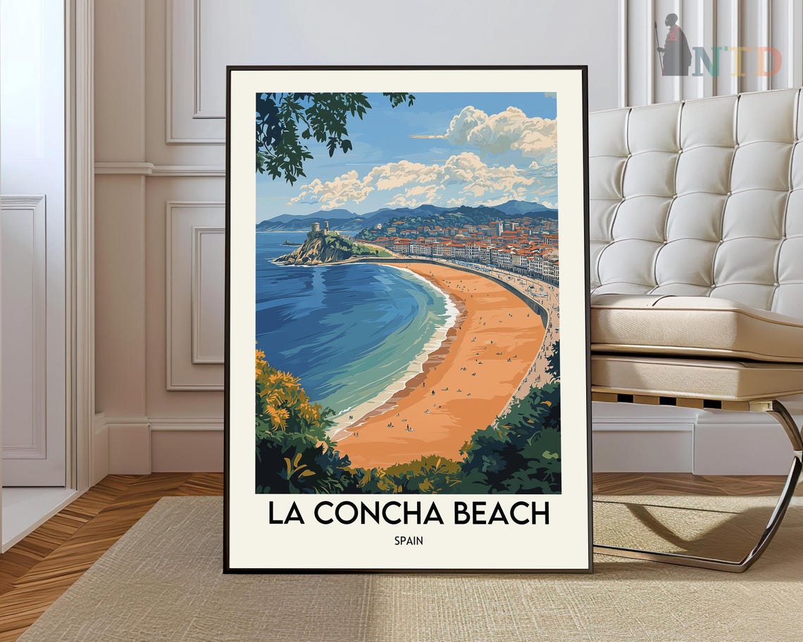 La Concha Beach San Sebastian Spain Retro Travel Style Poster