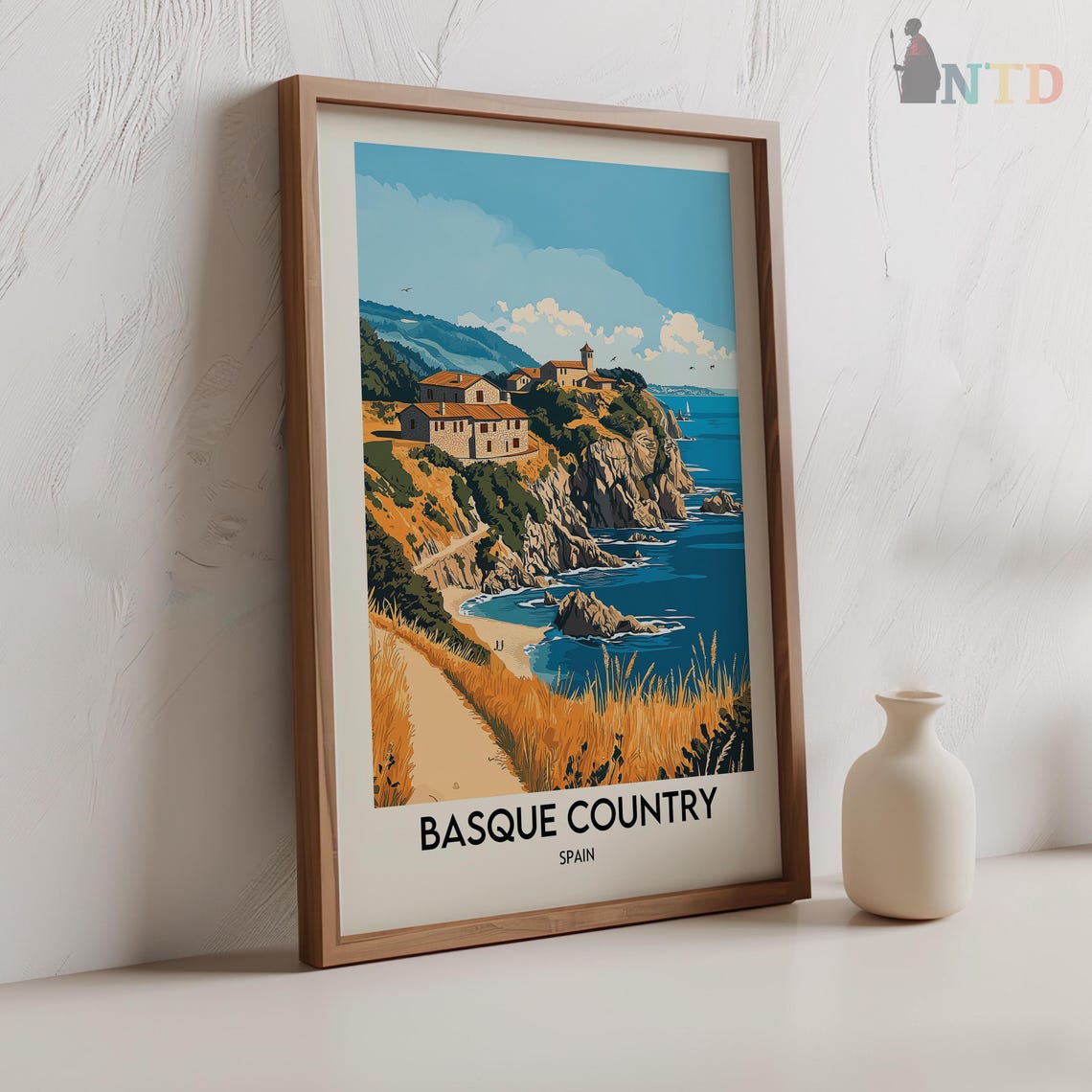 Basque Country Spain Golden Cliff Path Village Travel Poster - Image 2