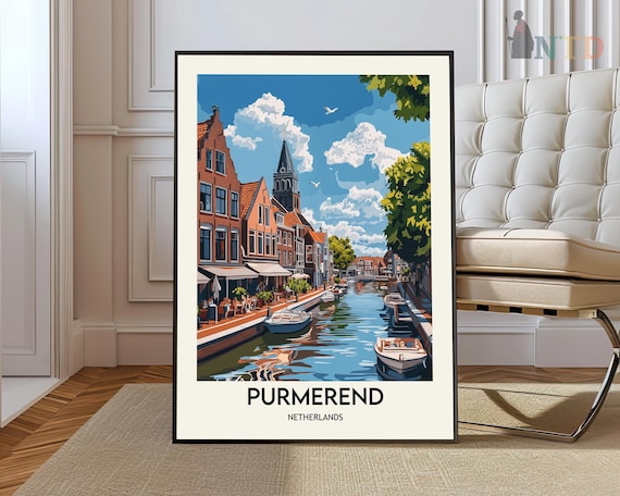 Purmerend Netherlands Canal Boats Brick Church Vintage Travel Poster