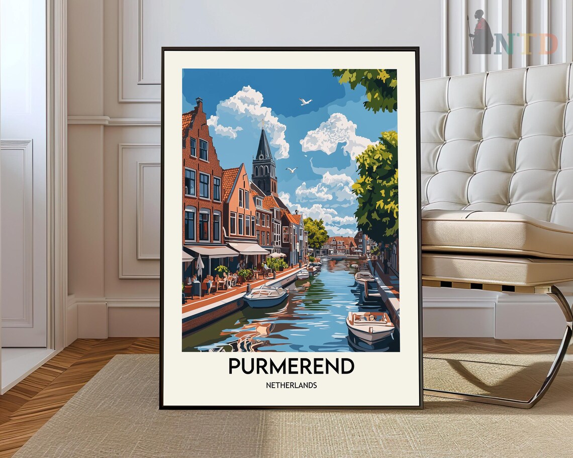 Purmerend Netherlands Canal Boats Brick Church Vintage Travel Poster
