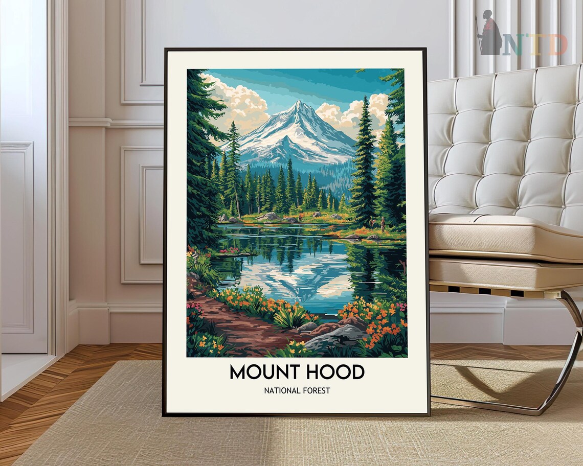 Mount Hood National Forest Reflecting Lake Pine Forest Travel Poster