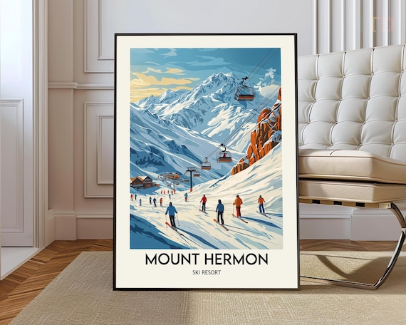 Mount Hermon Ski Resort Snowy Slopes Gondola Vintage Travel Art Poster