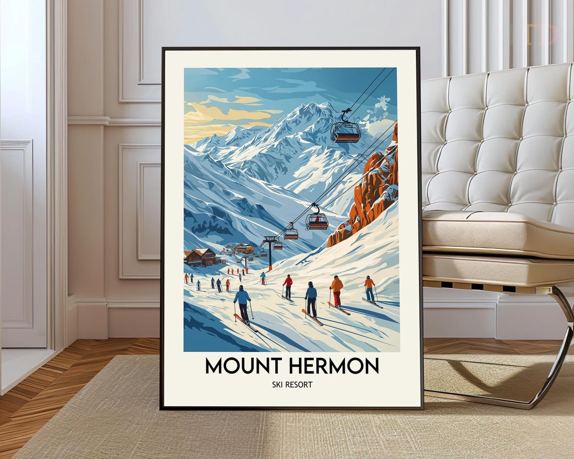 Mount Hermon Ski Resort Snowy Slopes Gondola Vintage Travel Art Poster