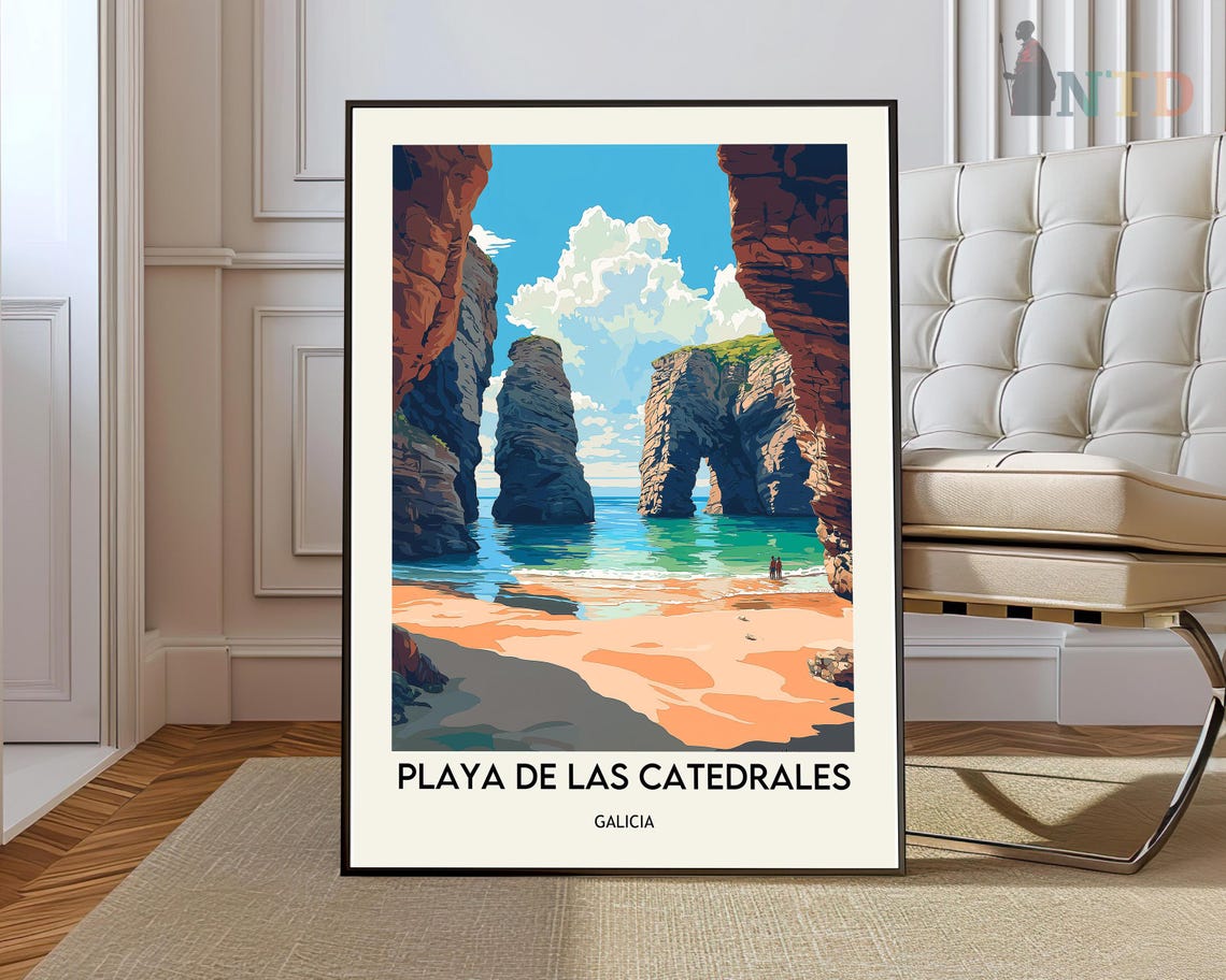 Playa de las Catedrales Galicia Spain Rock Arches Beach Travel Poster