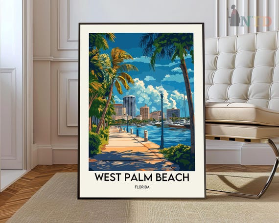 West Palm Beach Florida Waterfront Promenade Palms Skyline Travel Poster