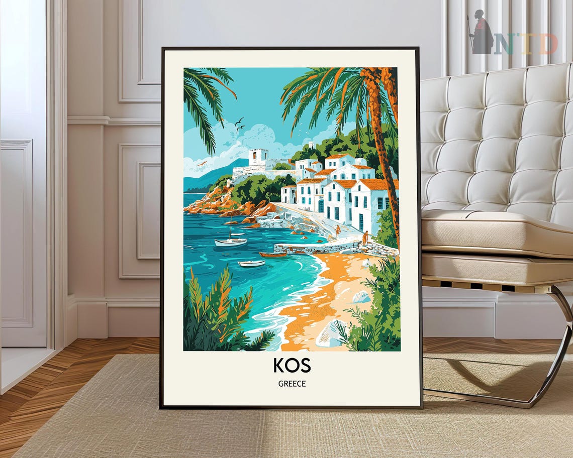 Kos Greece Whitewashed Coastal Village Turquoise Beach Travel Poster