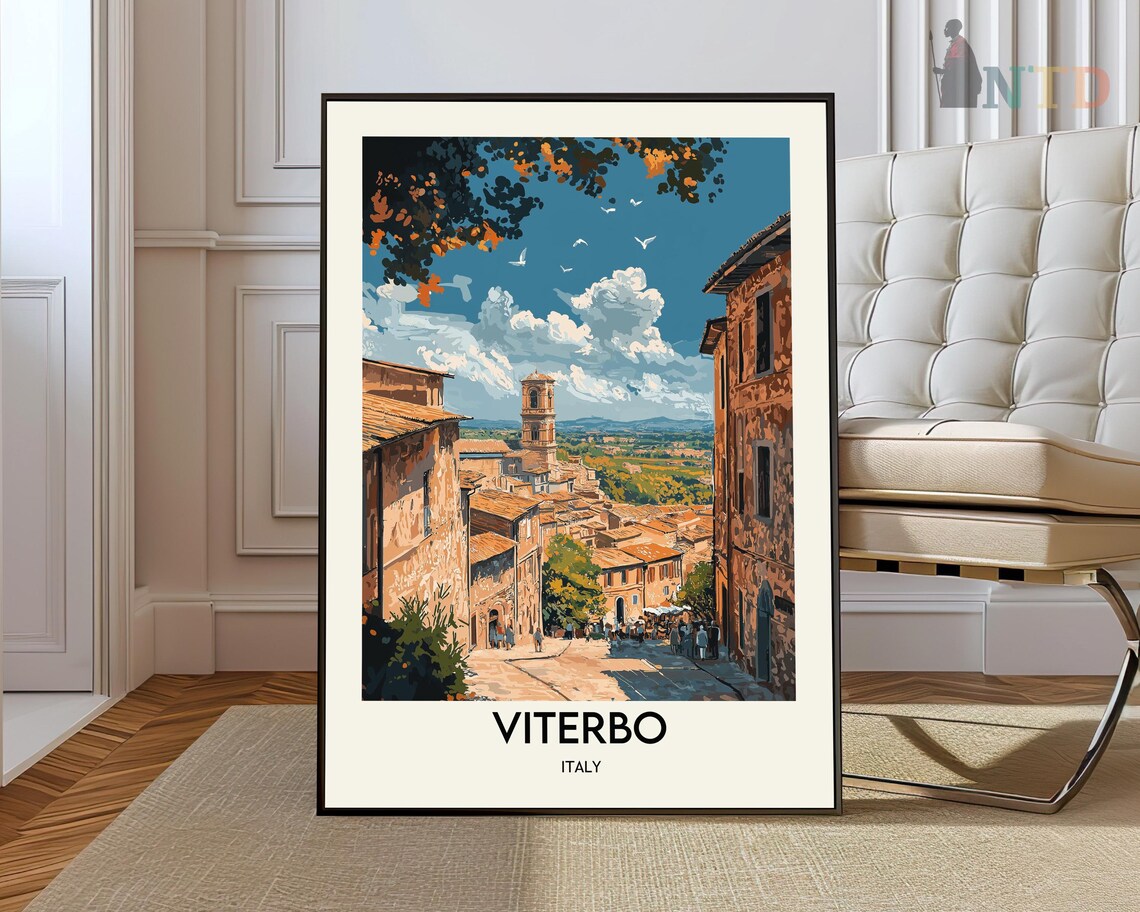Viterbo Italy Medieval Stone Street View Vintage Travel Poster