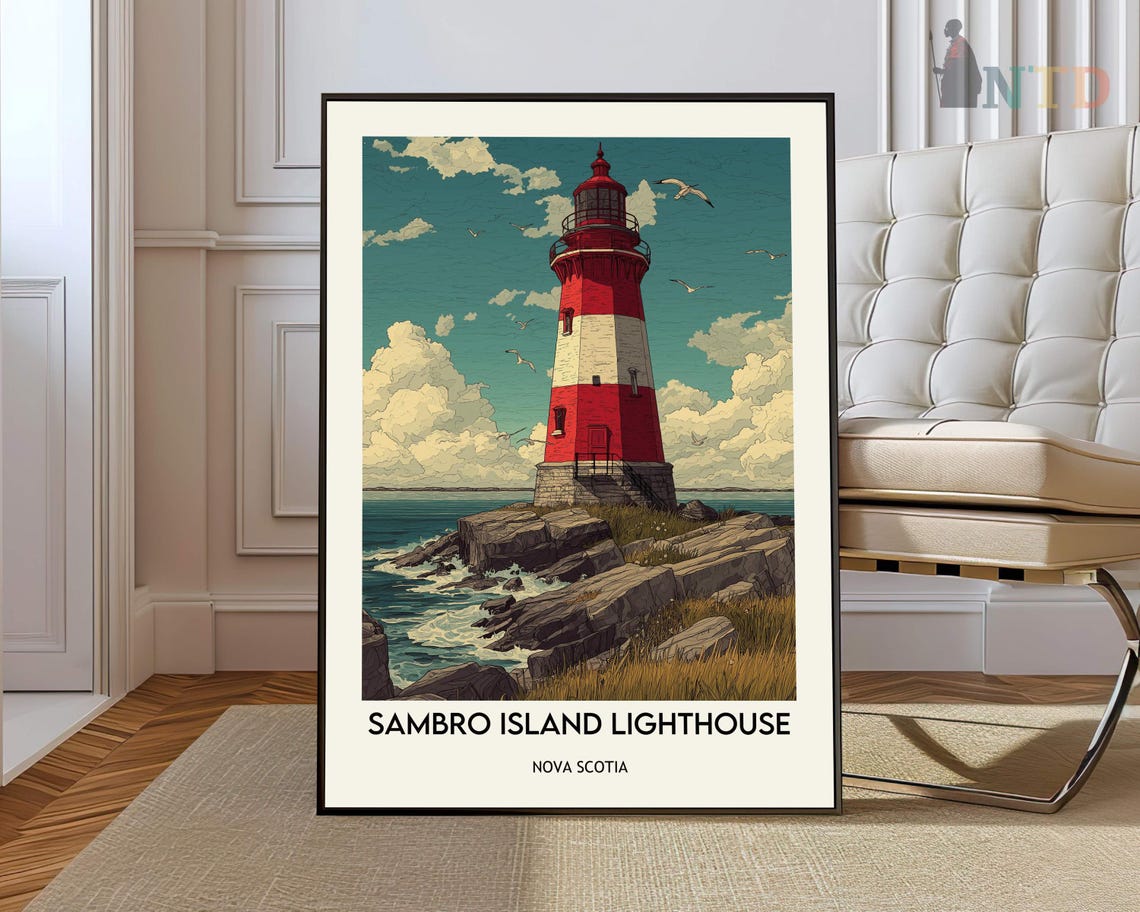 Sambro Island Lighthouse Seagulls Over Rocky Shore Travel Poster