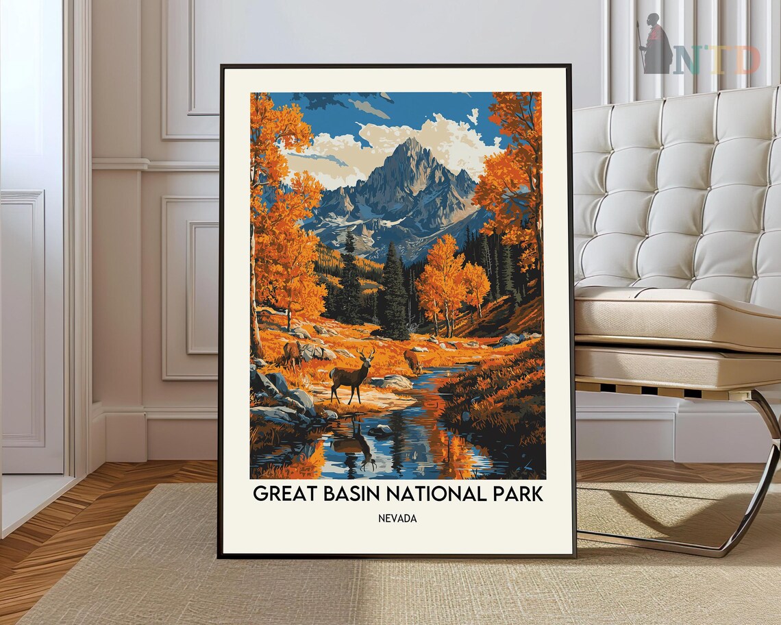 Great Basin National Park Nevada Poster with Elk by an Autumn Stream