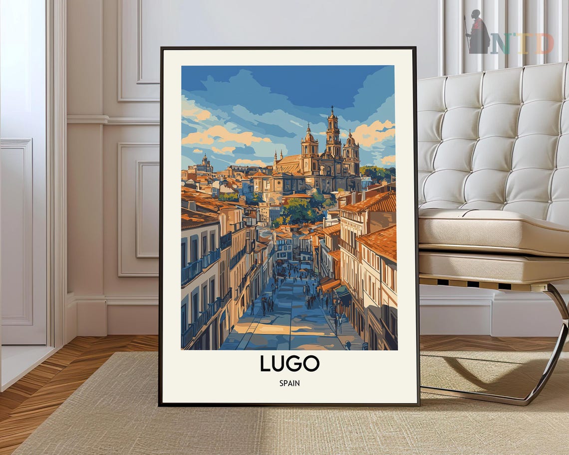 Lugo Spain Cathedral Old Town Cobble Street Sunset Travel Poster